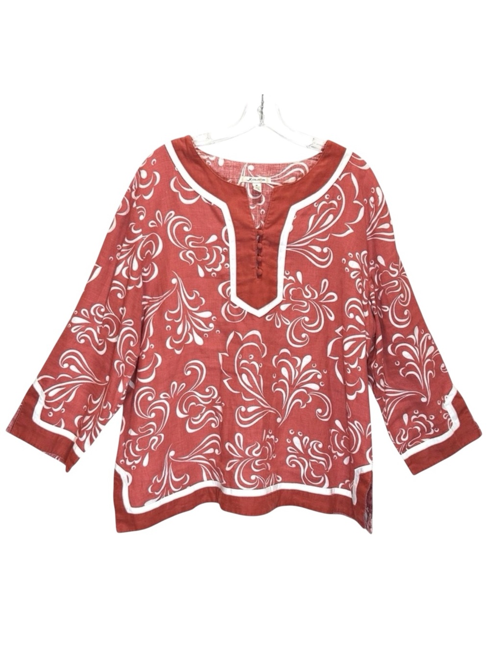 VTG Salmon Floral Linen Tunic Top 3/4 Sleeves, JM Collection - Size 18